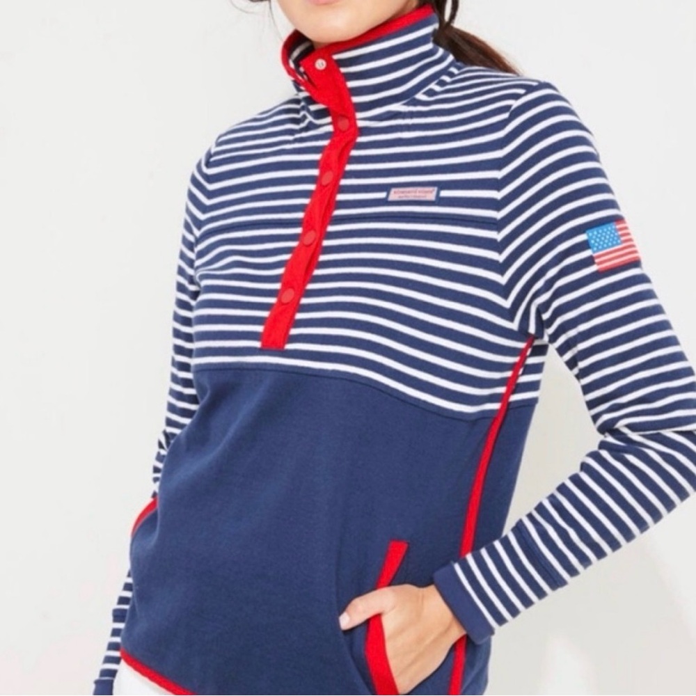 Vineyard Vines American Navy and White Striped Pullover with Red Accents